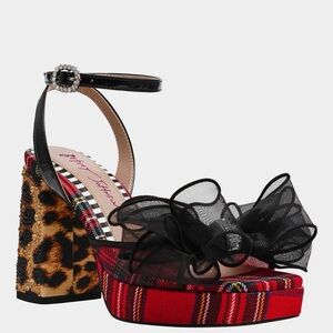 Betsey Johnson Palloma Red Plaid Platform Leopard Rhinestone Block Sandals 8.5